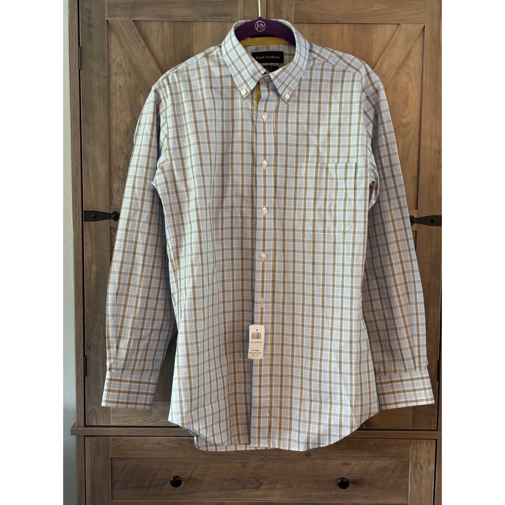 Paul Fredrick Mens Slim Fit Non-Iron Plaid Dress Shirt Blue Yellow 14.5 x 32